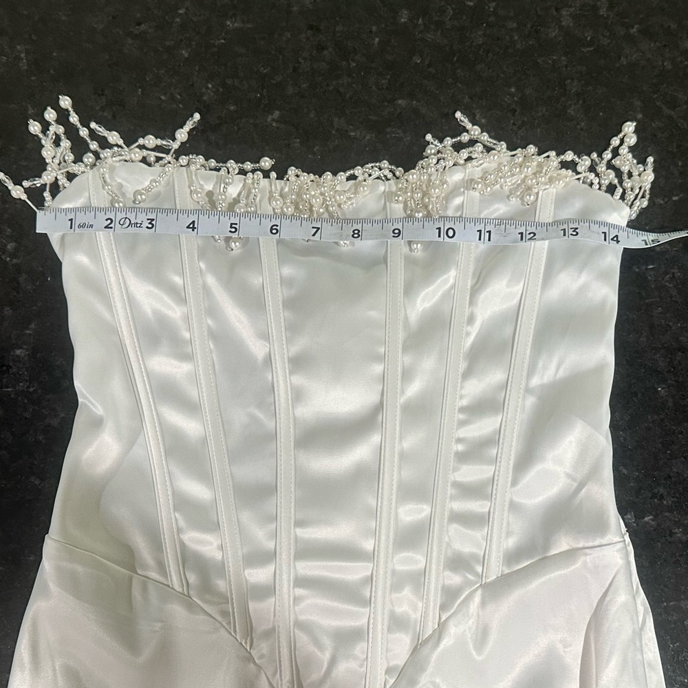 Pearl embellished strapless corset white midi dress side zip back tie sz s - Picture 5 of 10